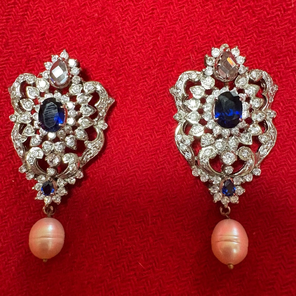 Elegant Silver and Blue Earrings with Pearl Accents